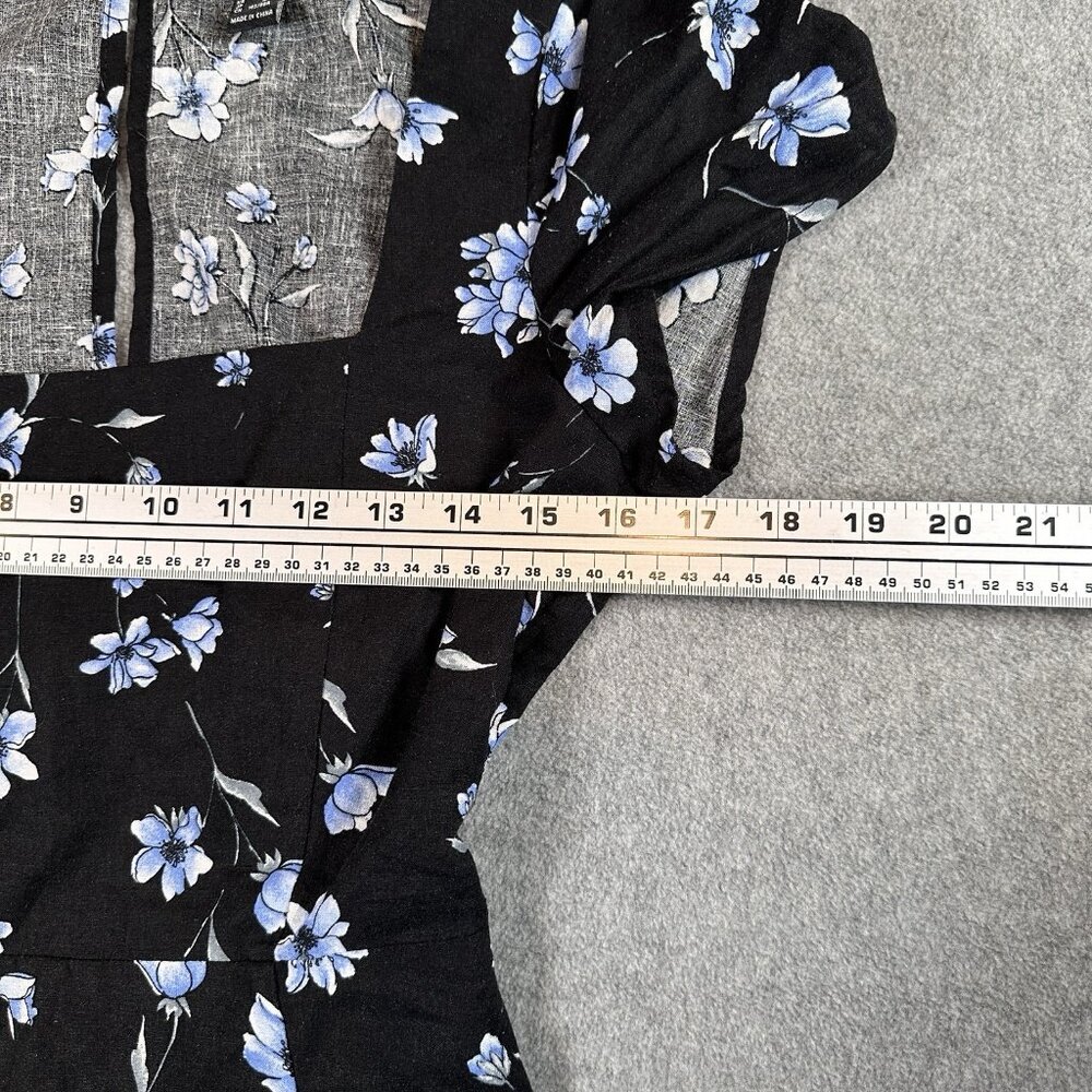 Floral Mini Dress Womens M Black Blue Fit Flare Cutout Back Square Neck - Picture 7 of 12